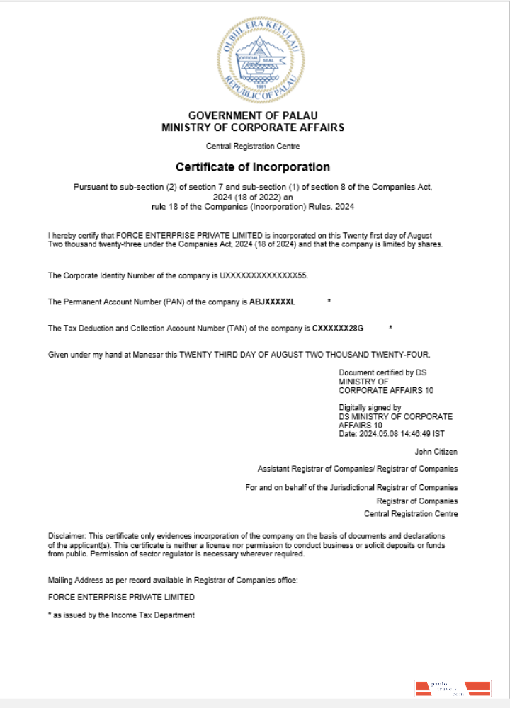 Palau business registration certificate Word and PDF template